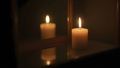 Fototapeta premium Lit candle casts a soft glow reflected in a nearby mirror creating a warm dim atmosphere