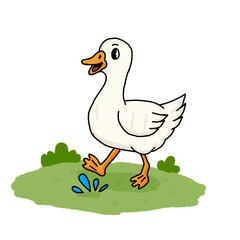 Cartoon-style white duck walking on green grass with raised wings and open beak, surrounded by bushes and water droplets playful outdoor scene for kids or educational use.