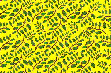 Seamless floral pattern with small tree branches and green leaf texture. Botanical style vector illustration with natural details, suitable for background, fabric, wallpaper or decorative design.