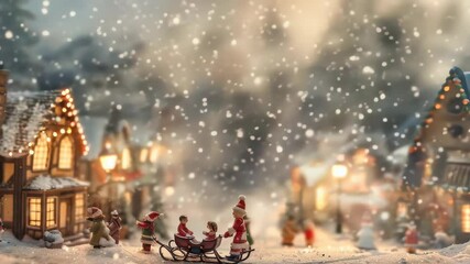 Charming miniature village blanketed in snow. Tiny figures in holiday attire pull children on a sleigh beneath falling snow, creating a nostalgic and festive Christmas season setting. - Powered by Adobe