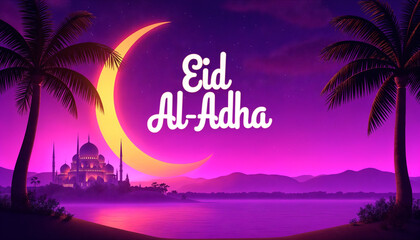Eid-Al-Adha Celebration with Crescent Moon Palm Trees Mosque