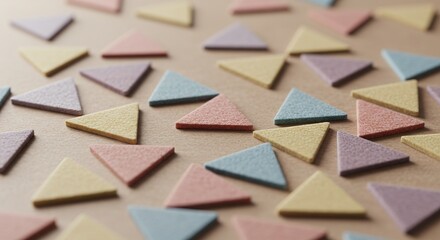 Colorful triangular shapes scattered on a tan background
