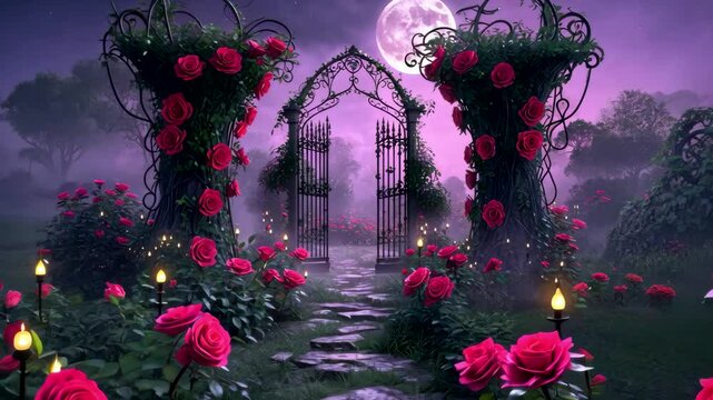 Enchanted Garden Pathway with Glowing Roses, Iron Archway and Full Moon in Magical Night Atmosphere