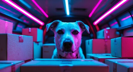 Dog on Delivery Duty. A canine companion guards packages in a futuristic van.