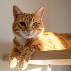 Ginger cat lying on the shelf of a cat tree, bathed in warm sunlight, looking into the camera