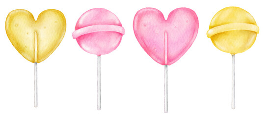 Watercolor painting of four lollipops in heart and round shapes in pink and yellow on white background. Sweet candy illustration ideal for childrens prints or party themes.