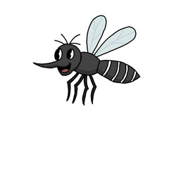 Cartoon mosquito with black body, striped abdomen, and expressive eyes. Playful design with wings and proboscis, ideal for educational or humorous visuals.