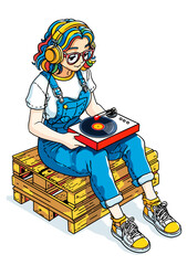 Girl sit on pallet listening music with portable turntable, colorful hair style