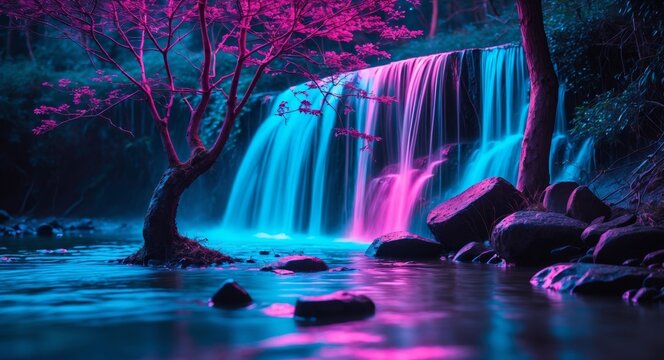 Enchanted Waterfall with Pink Tree. A Surreal, Colorful Nature Landscape.