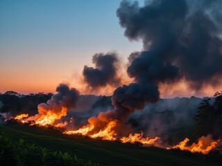 Forest Fire at Dusk. A Dangerous Blaze Engulfs Trees and Vegetation With Smoke.