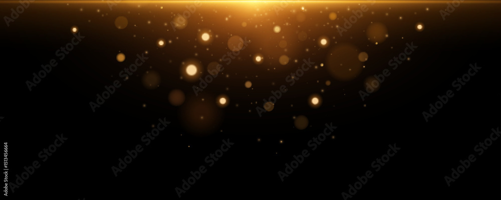 Poster abstract sparkling light effect with bright lights bokeh isolated on black background. golden glitte