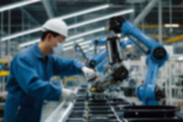 Fototapeta premium A blurry car factory, vehicle spare parts production using sophisticated tools, a worker makes spare parts assisted by a sophisticated and modern robot hand, with a blurry car factory background.