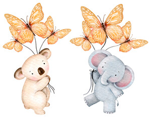 Watercolor illustration of a koala and elephant each holding a bunch of orange butterflies on white background. Playful animal art perfect for nursery, childrens gifts or baby shower invites.