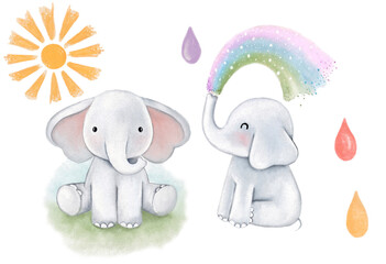 Watercolor illustration of two playful elephants on grass; one sprays a pastel rainbow from its trunk, surrounded by colorful droplets and a yellow sun on white background
