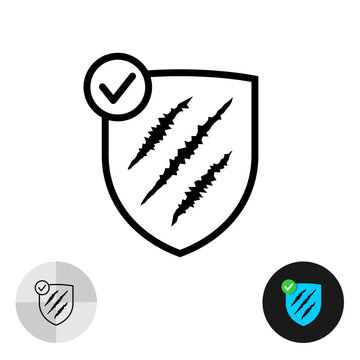 Scratch resistant shield icon. Protecting surface from physical damage symbol. Shield with scratches and check mark. Protection, safety, security concept.