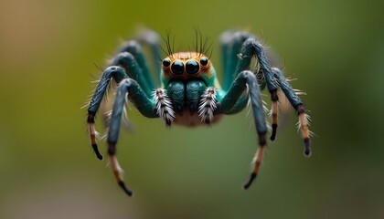 Teal spider with fuzzy legs  multiple eyes dominates foreground against blurry green