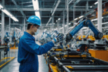 Fototapeta premium A blurry car factory, vehicle spare parts production using sophisticated tools, a worker makes spare parts assisted by a sophisticated and modern robot hand, with a blurry car factory background.