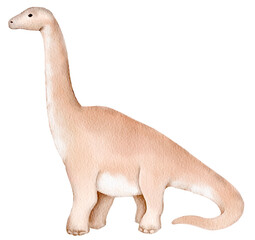 Watercolor painting of a gentle brontosaurus on white background. Playful dinosaur design perfect for kids room decor educational print or baby shower invitation.
