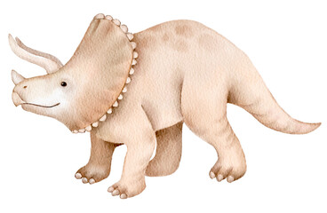 Watercolor painting of a triceratops dinosaur on white background. Friendly three horned creature artwork ideal for kids room decor educational materials or themed greeting cards.