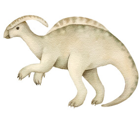 Watercolor illustration of a parasaurolophus dinosaur on white background. Charming prehistoric creature artwork ideal for childrens decor educational materials or themed party supplies.