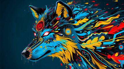 Colorful tribal-inspired wolf artwork in modern graphic style