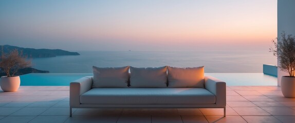 Fototapeta premium Minimalist Outdoor Seating Area with Infinity Pool and Ocean Sunset View, Serene Design.
