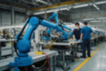 Fototapeta premium A blurry car factory, vehicle spare parts production using sophisticated tools, a worker makes spare parts assisted by a sophisticated and modern robot hand, with a blurry car factory background.