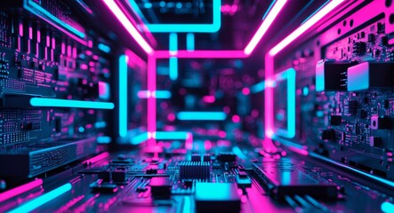 Fototapeta premium Neonlit Circuit Board. Futuristic Tech Landscape with Cyberpunk Aesthetics.