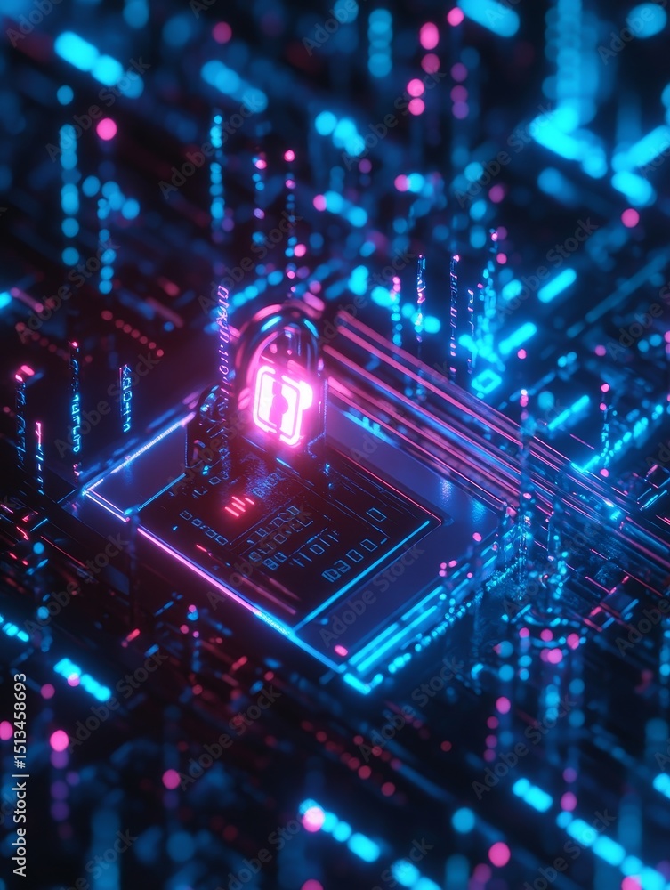Poster fortress: data security concept - cybersecurity concept featuring a glowing padlock on a futuristic 