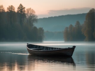 Fototapeta premium Serene Lake Morning. A Boat Drifting in Misty Waters at Sunrise, Autumn Scenery.