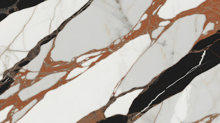 Full-frame 2D statuario and noir saint laurent marble fusion slab with clean white intersected by orange veins.