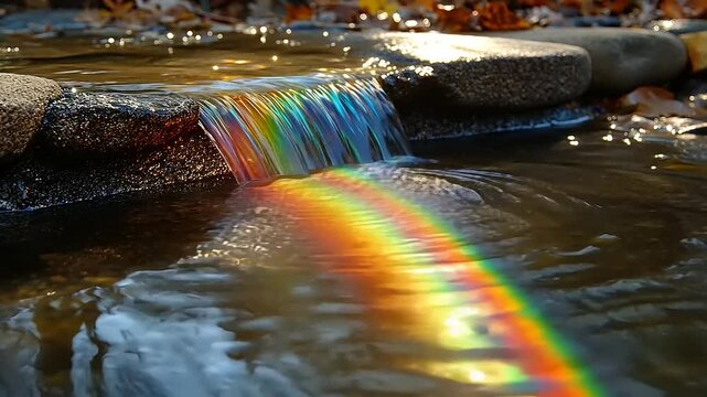 Rainbow Reflections: Captivating Waterfall Displaying Vibrant Colors in Tranquil Water Flow