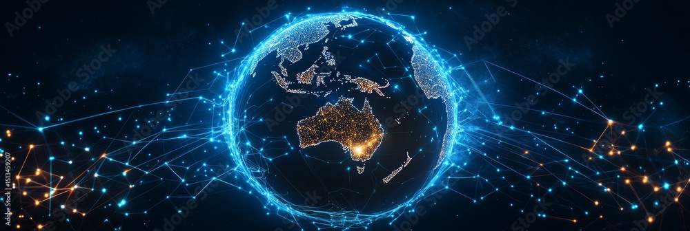 Poster global network connections - illuminated earth globe with network connections, showcasing global con