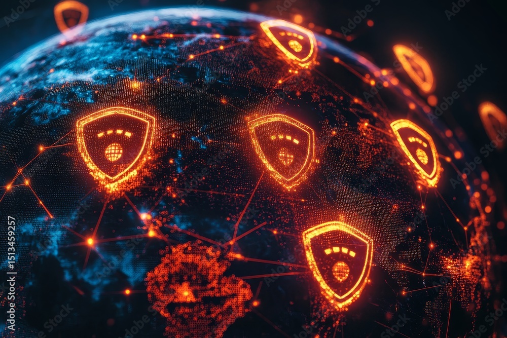 Poster global shield network: security - an abstract globe symbolizes global connectivity, with glowing shi