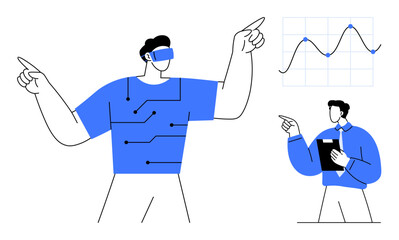 Person wearing virtual reality headset interacting with data visualization alongside colleague holding clipboard. Ideal for technology, analysis, artificial intelligence, teamwork, innovation, data