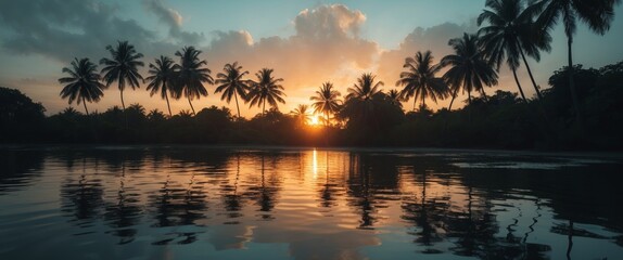 Tropical Sunset Reflections. Palm Trees and Golden Light Over Still Water.