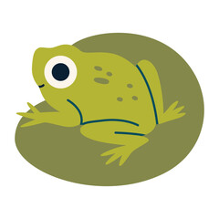 Naklejka premium Green spotted frog resting on a lily pad, viewed from the side. Trendy modern vector illustration isolated on white, hand drawn, flat design