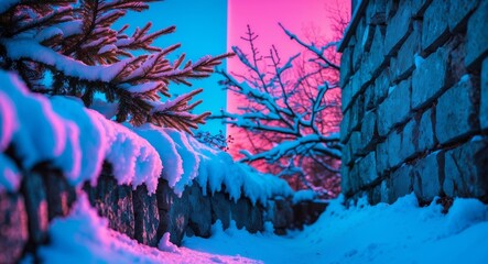 Winter Ambiance. A Frozen Path Between SnowCovered Walls at Twilight Hour.
