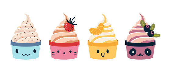 Frozen yogurt or ice cream in kawaii cups with fruit toppings and happy faces. Trendy modern vector illustration isolated on white, hand drawn, flat design