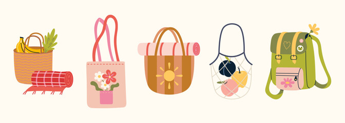 Eco friendly reusable bags set with tote, string bag, picnic basket, straw beach bag and backpack. Plastic-free lifestyle and sustainable shopping. Modern vector illustration, hand drawn, flat