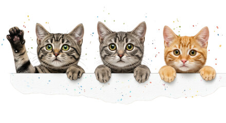 Three cute tabby and ginger kittens looking over a white sign, isolated on transparent background