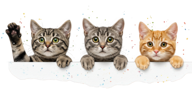 Three cute tabby and ginger kittens looking over a white sign, isolated on transparent background