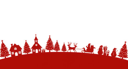 Christmas silhouette of a village with trees, house, church, gifts, reindeer, santa in sleigh, and snowmen isolated on transparent background