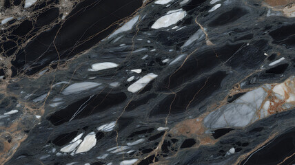Full-frame 2D breccia capraia marble slab in dark mode with shadow-rich fragments and cool tones.