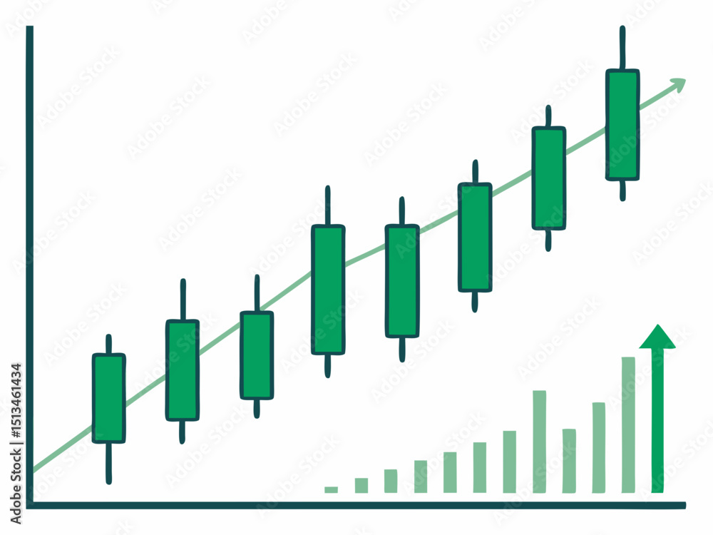 Poster create a vector illustration of a bold-stroke candlestick chart showing strong upward and downward p