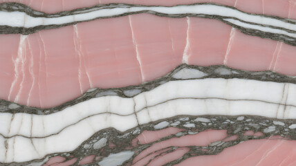 Full-frame 2D slab with pink Georgia Marble layered with fine Thassos White swirls.