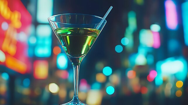 Elegant Martini Glass Against Vibrant City Lights Creating a Nightlife Scene