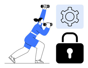 Woman lifting dumbbells in an active pose, lock icon depicting security, gear icon symbolizing systems. Ideal for fitness, personal growth, safety, cyber protection, wellness, discipline simple