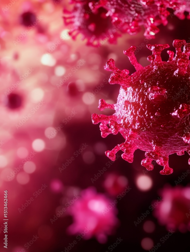 Poster microscopic virus structure - close-up view of a virus, showcasing intricate details and a crimson c