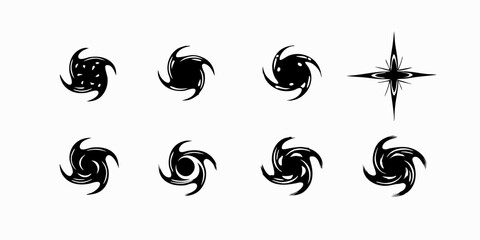 Collection of stylized swirling shapes and a starburst in black and white design element set of icons |eps vectors silhouette